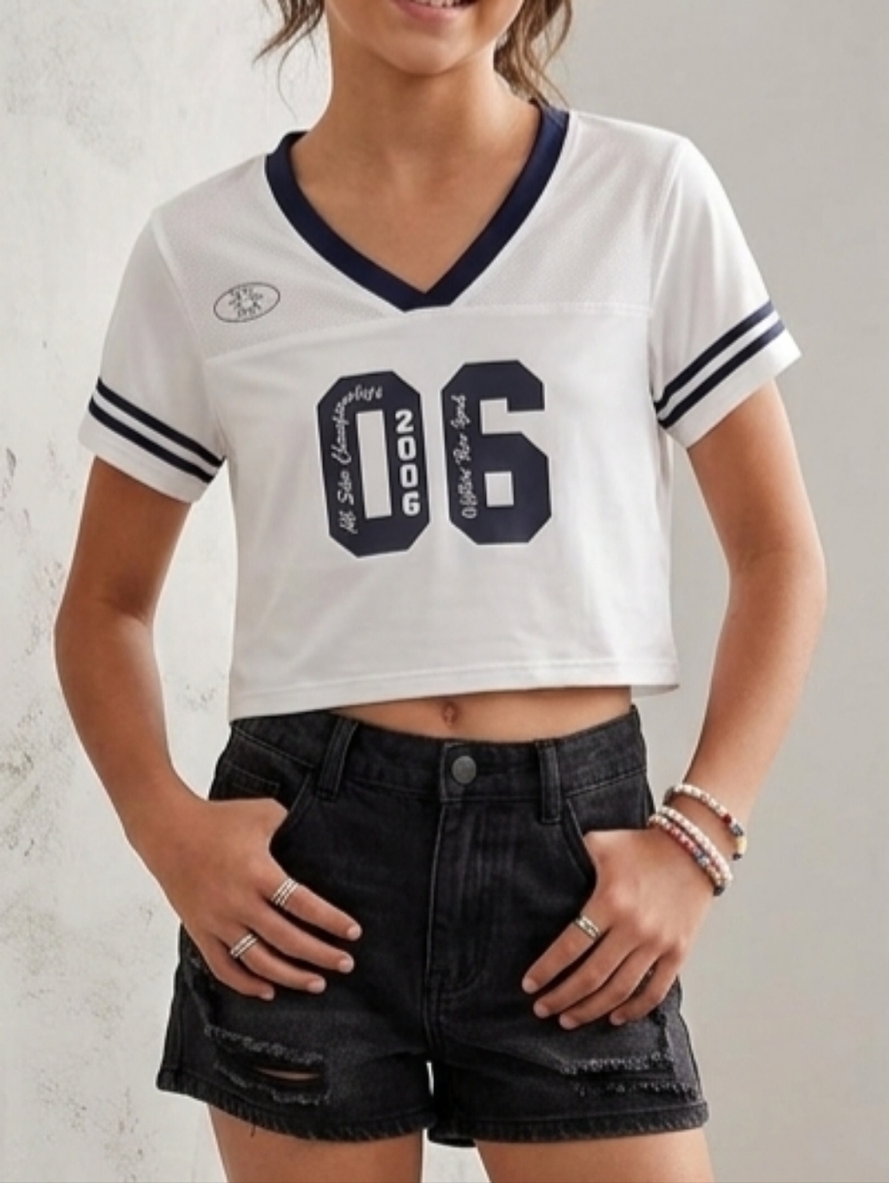 OFFLINE by Aerie Cropped Football Jersey T-Shirt White Navy Blue Size S